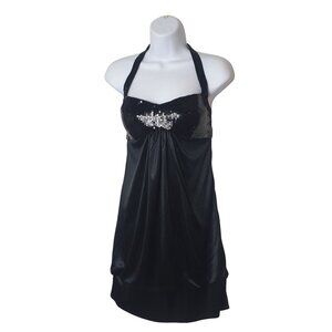 Steppin Out Halter Sequin Dress M Black Vtg Party Cocktail Prom Glam Royalcore